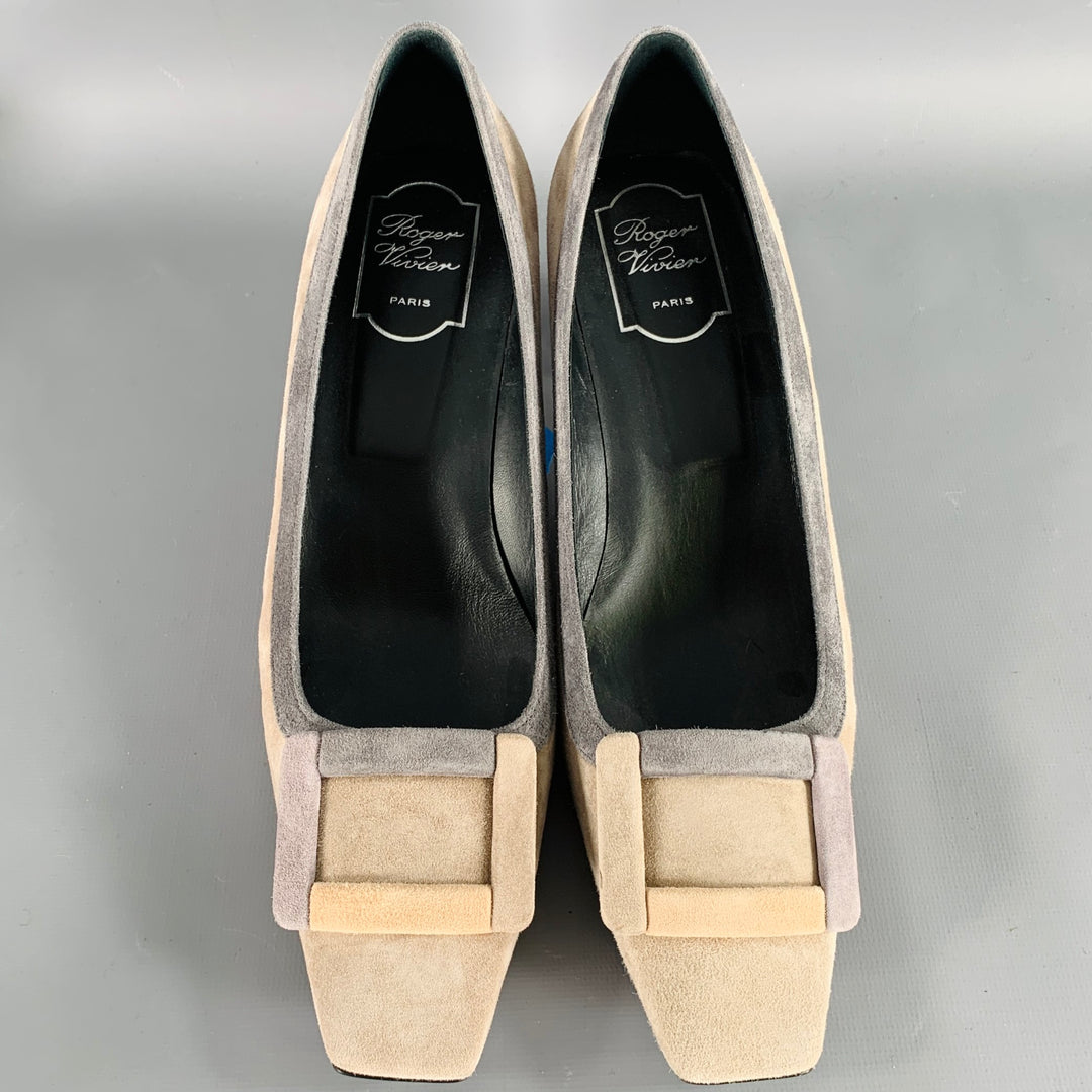 ROGER VIVIER Size 10 Grey Taupe Suede Kitten Heel Pumps
