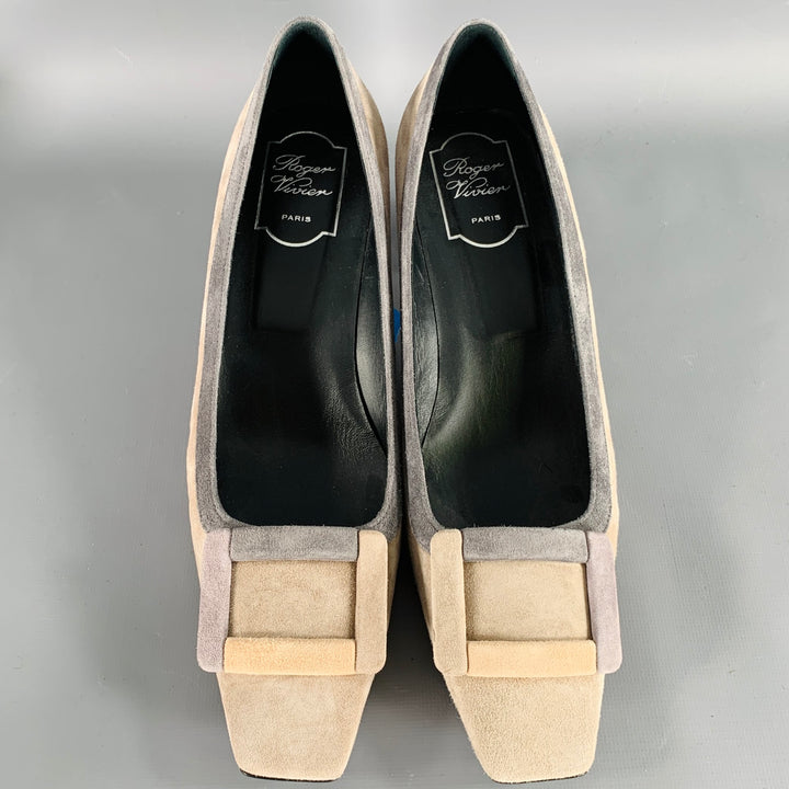 ROGER VIVIER Size 10 Grey Taupe Suede Kitten Heel Pumps