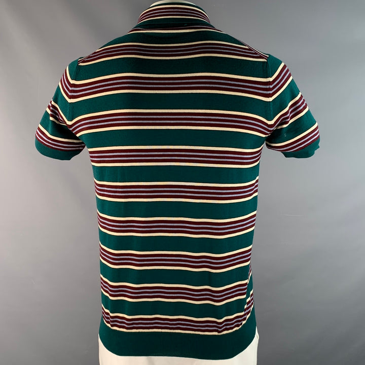 PRADA Size L Green Burgundy & White Stripe Virgin Wool / Silk Half Placket Polo