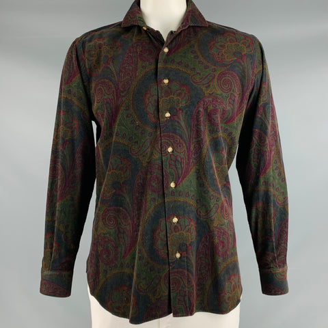 PHINEAS COLE Size L Olive Purple Paisley Cotton Button Up Long Sleeve Shirt