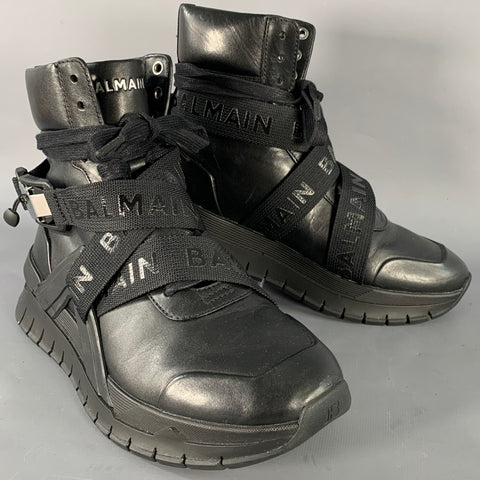 BALMAIN Size 6,  B-Troop Black Leather High Top Webbing Sneakers