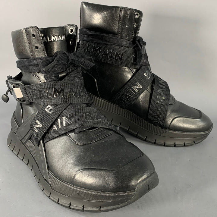 BALMAIN Size 9 B-Troop Black Leather High Top Webbing Sneakers