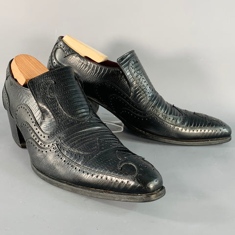 JOHN FLUEVOG Size 9 Black Lizard Embossed Leather Wingtip Chunky Heeled Loafers