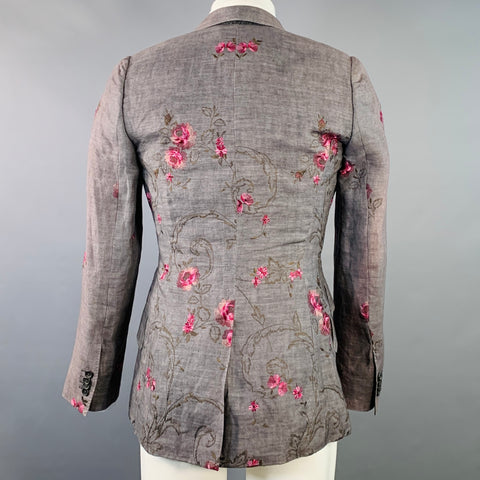 PAUL SMITH Size 38 Grey Pink Floral Embroidery Linen Slim Fit Notch Lapel Sport Coat