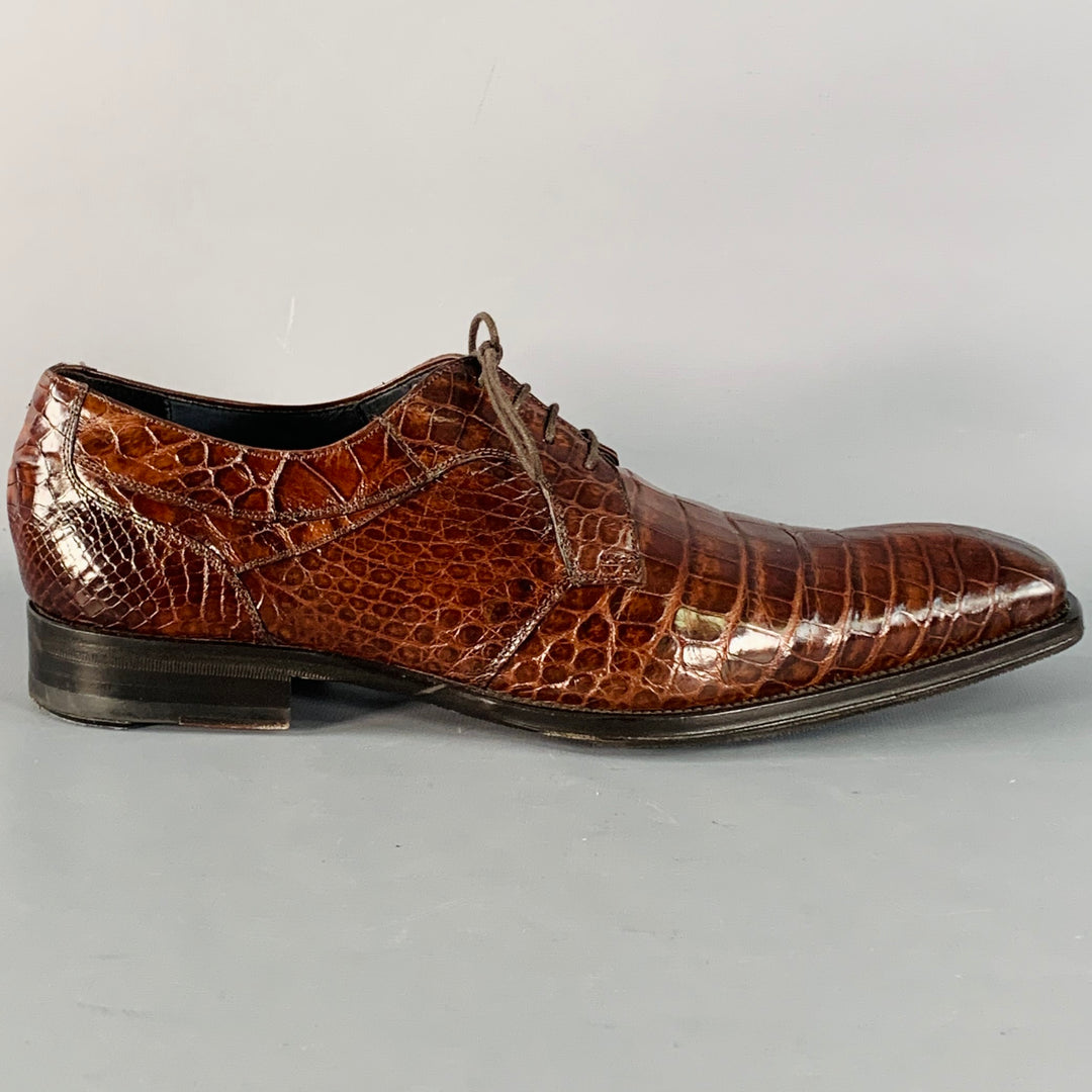 MEZLAN Size 11 Luciano Brown Alligator Leather Derby Lace-Up Shoes