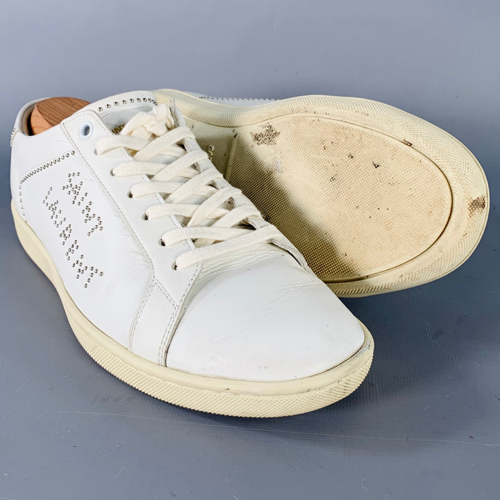 SAINT LAURENT Size 7 White Silver Leather Studded Low Top Sneakers