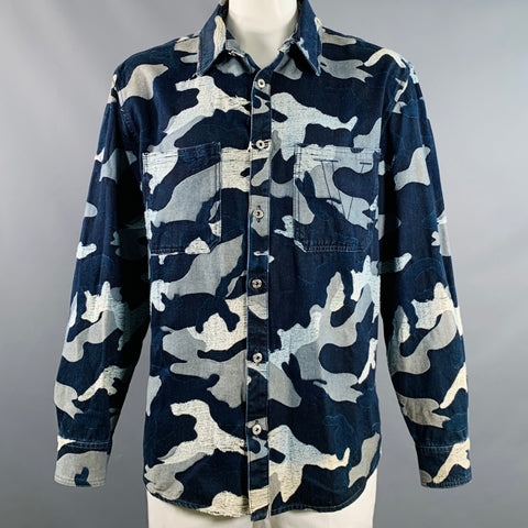 VALENTINO Size 42 Indigo Camo Cotton Oversized Long Sleeve Shirt