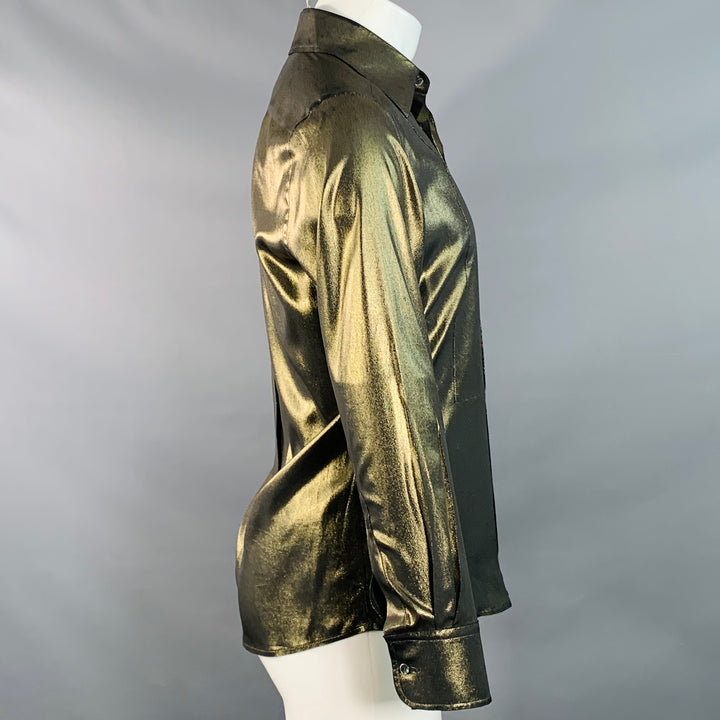 DOLCE & GABBANA Size S Gold Black Metallic Silk Hidden Buttons Long Sleeve Shirt