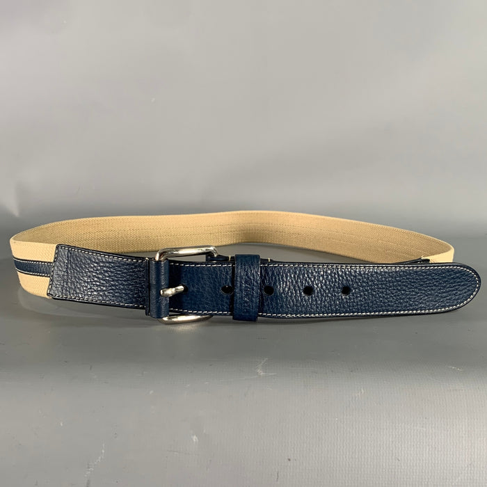 PRADA Size 40 Navy Tan Pebble Grain Leather Belt
