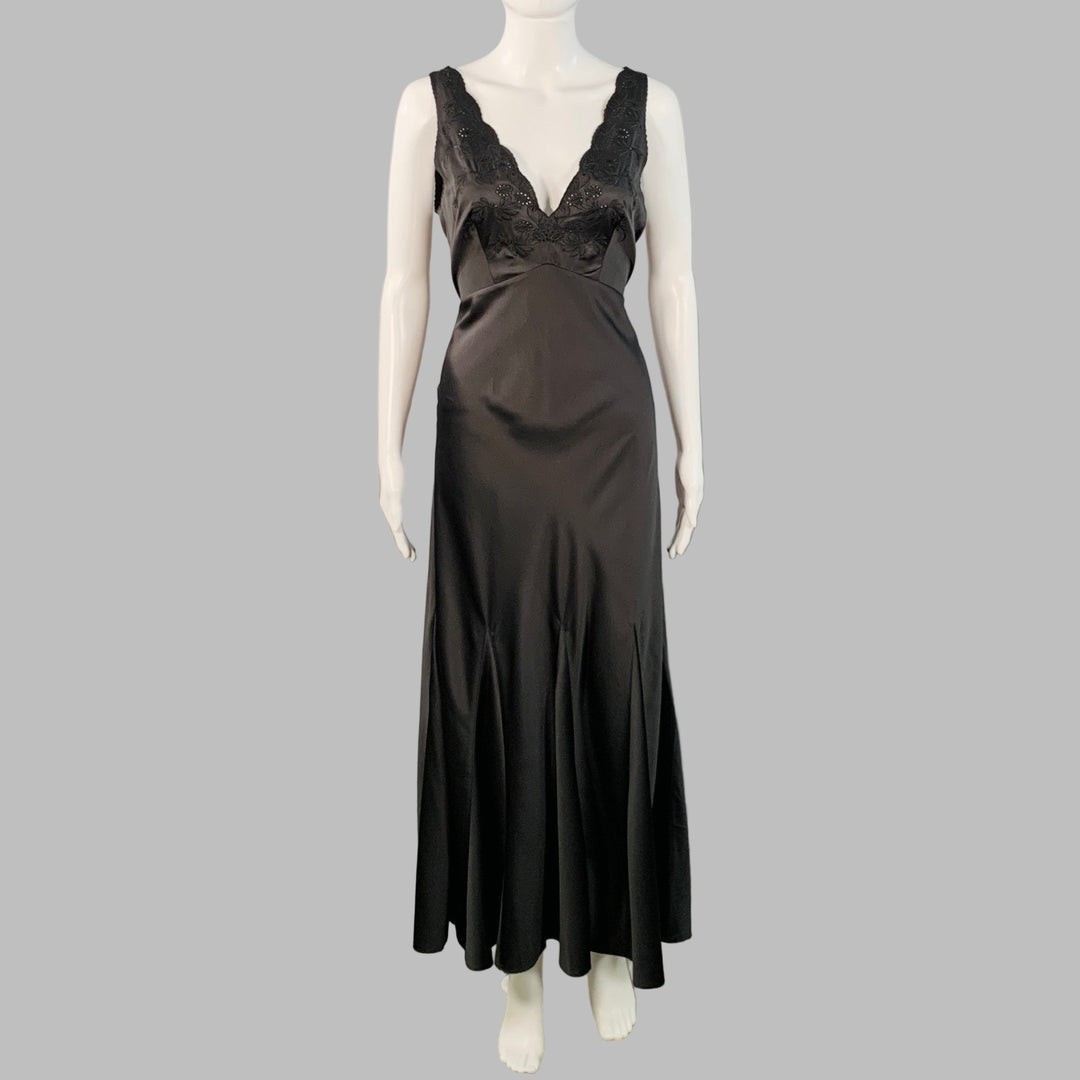 HUNTER BELL Size 4 Black Satin Eyelet Long Sleeveless V-Neck Slip Evening Gown