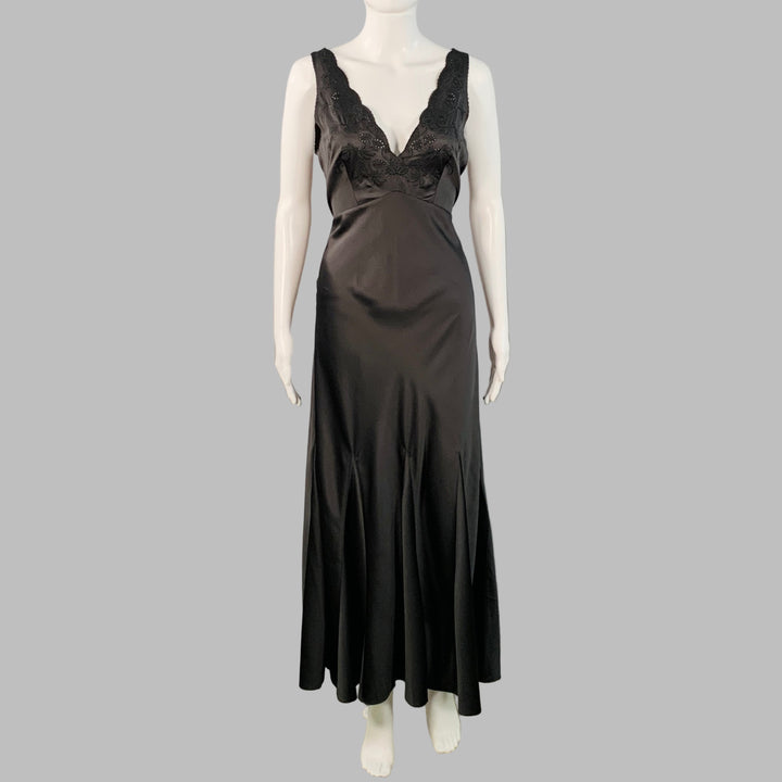 HUNTER BELL Size 4 Black Satin Eyelet Long Sleeveless V-Neck Slip Evening Gown
