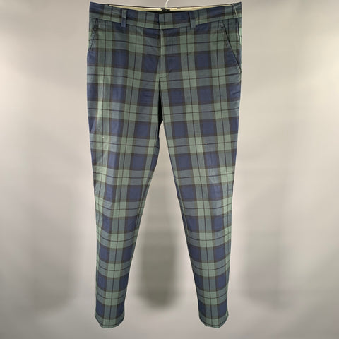 MR TURK Size 34 Green Navy Plaid Cotton Zip Fly Casual Pants
