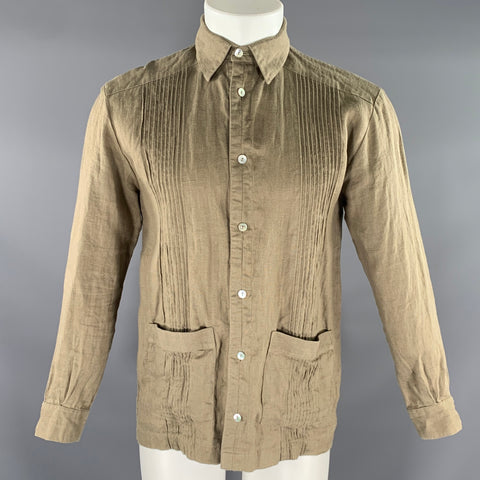 CARMEN RION Size S Green Olive Pleated Linen Long Sleeve Shirt