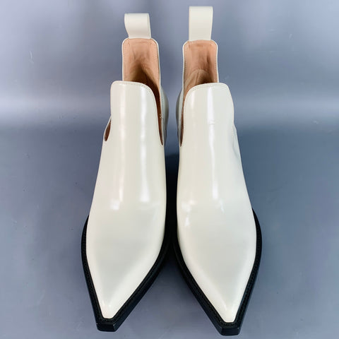 BOTTEGA VENETA Size 9 Ivory Black Leather Slip On Stacked Heel Western Ankle Boots