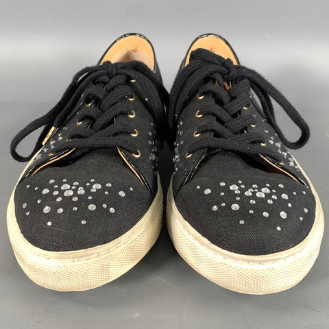 CHARLOTTE OLYMPIA Size 9 Black Canvas Bedazzled Toe Cap Sneakers