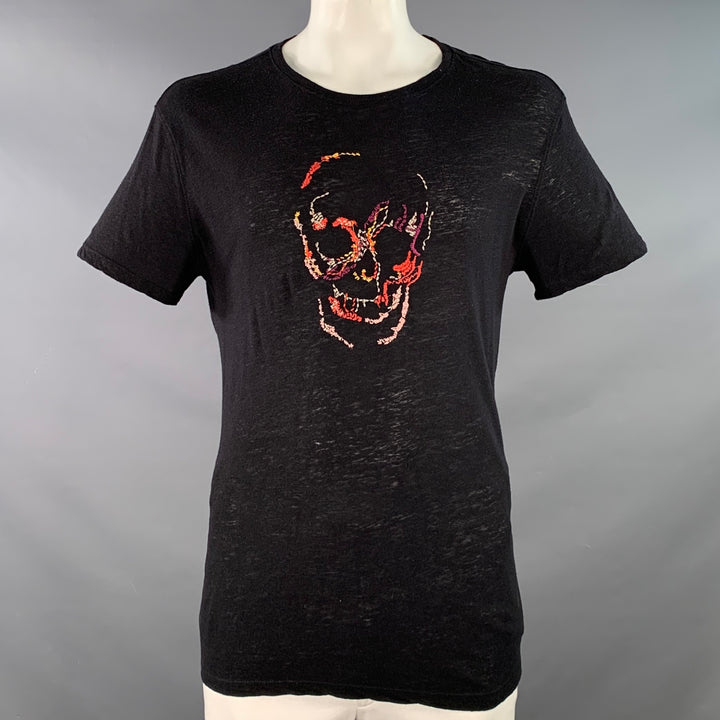 JOHN VARVATOS Size L Black Multi Color Skull Embroidery Short Sleeve T-shirt