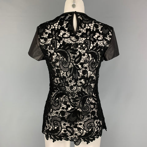 RALPH LAUREN Size 4 Black Cotton Lace Contrast Leather Trim Blouse