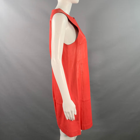 BALENCIAGA Size 8 Red Coral Lambskin Leather Sleeveless Shift Dress