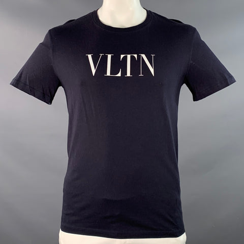 VALENTINO Size L Navy White Logo Cotton Short Sleeve Crew Neck T-shirt