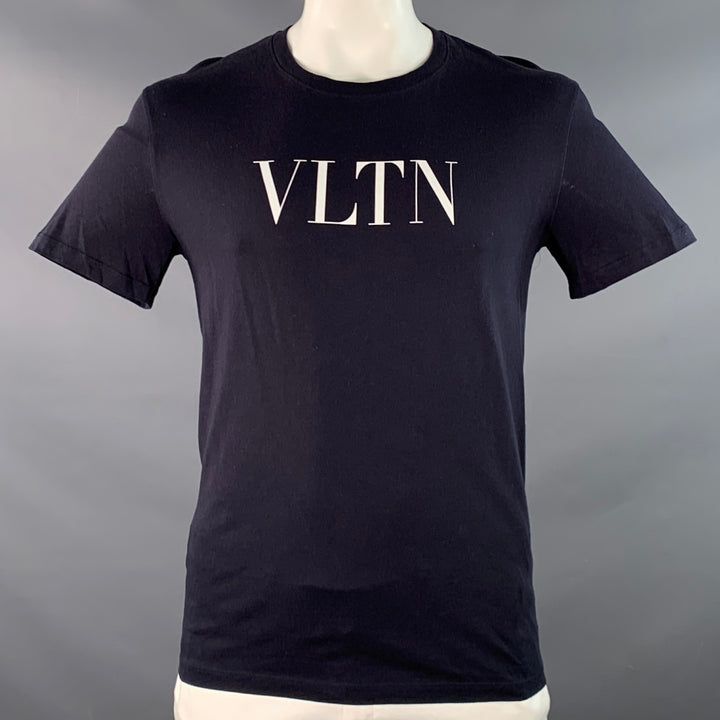 VALENTINO Size L Navy White Logo Cotton Short Sleeve Crew Neck T-shirt