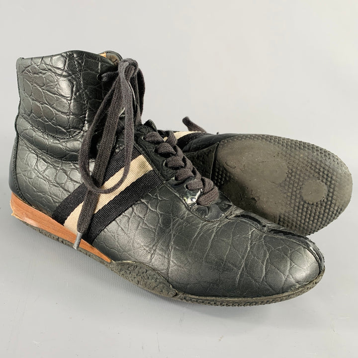BALLY Size 7 -Frendy- Black White Ribbon Trim Leather High Top Sneakers
