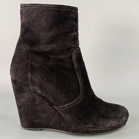 PRADA Size 7.5 Black Suede Wedge Ankle Boots
