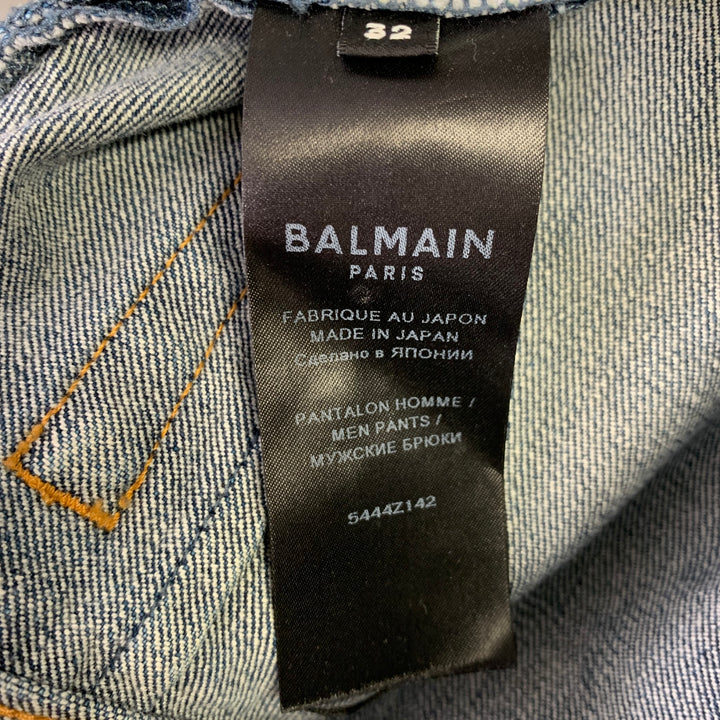BALMAIN Size 32 Blue Contrast Stitch Cotton Blend Skinny Button Fly Jeans