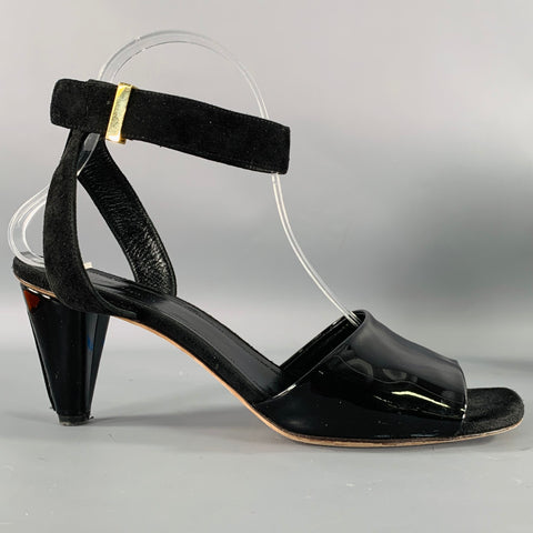 CELINE Size 10 Black Suede Patent Leather Ankle Strap Sandals