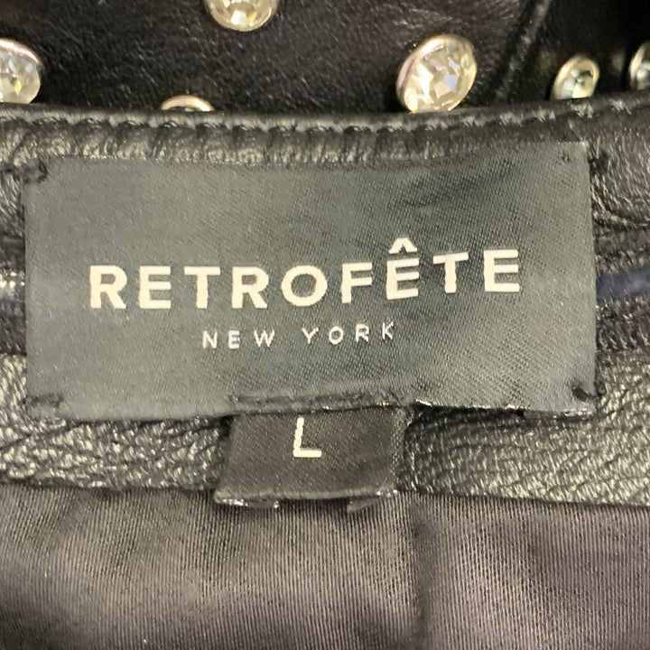 RETROFETE Size L Black Silver Leather Strapless Crystal Studded Mini Dress