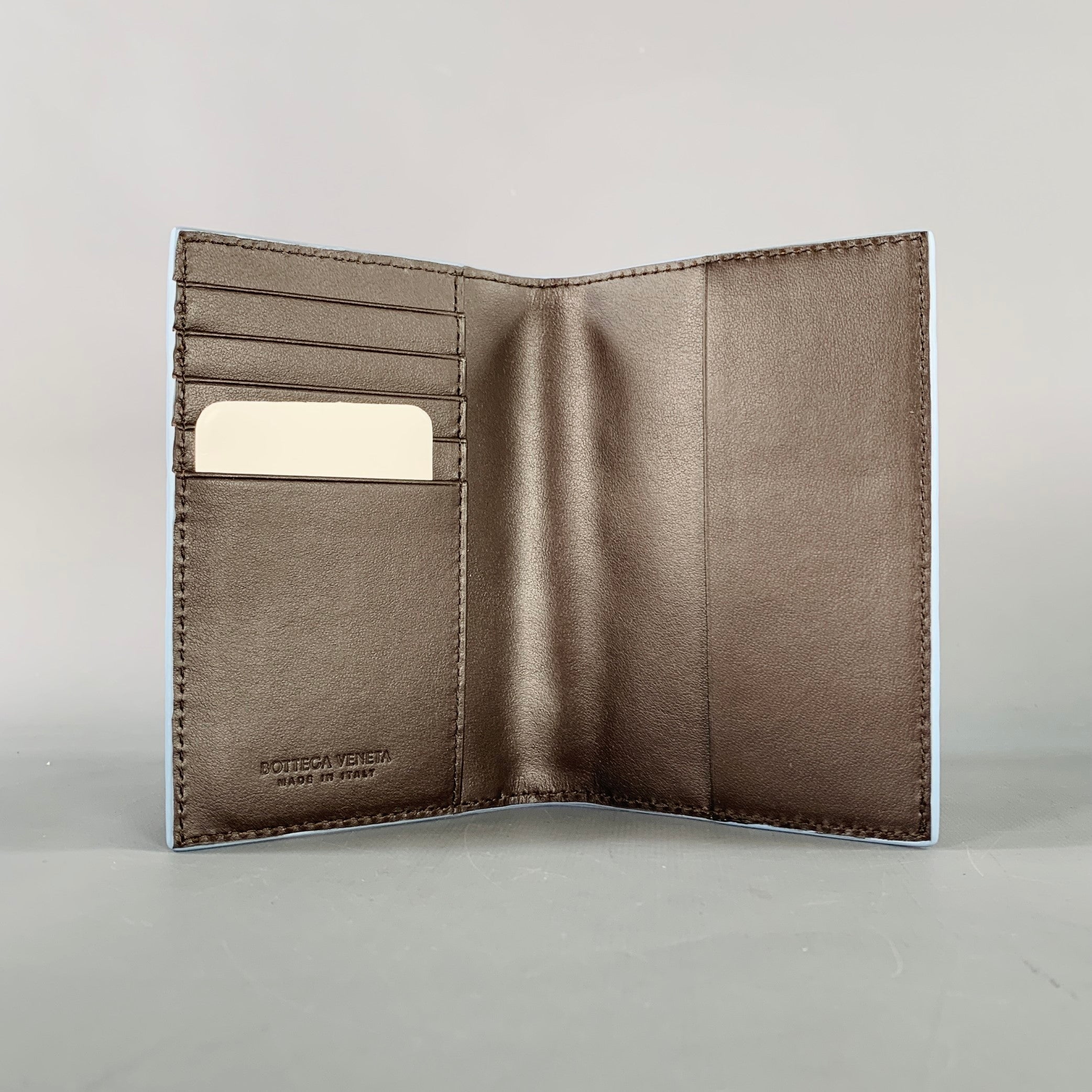 BOTTEGA VENETA Intrecciato Brown Blue Woven Leather Passport