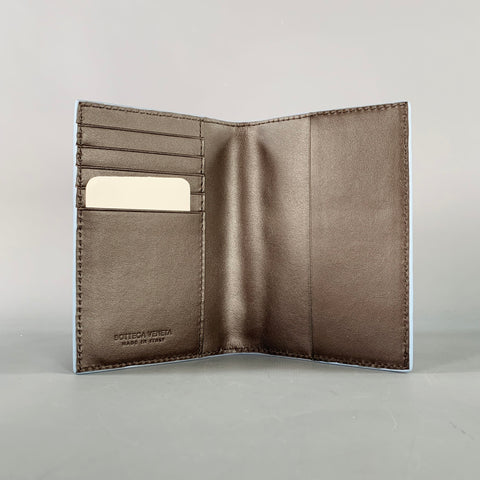 BOTTEGA VENETA Intrecciato Brown Blue Woven Leather Passport Holder