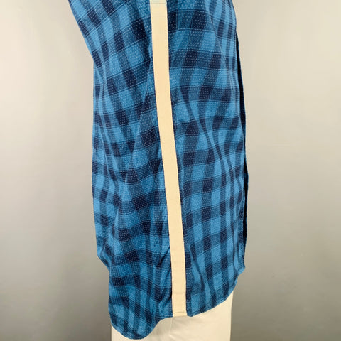 FOLK Size L Blue Navy Checkered Cotton One Pocket Long Sleeve Shirt