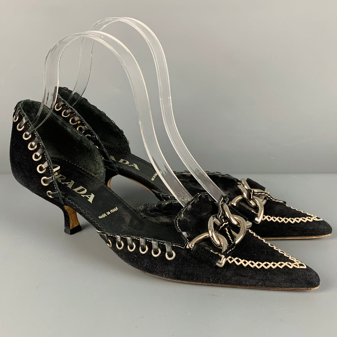 PRADA Size 6.5 Black Silver Suede Chain Link Kitten Heel Pumps