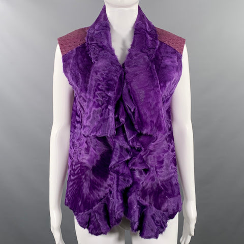OSCAR DE LA RENTA Size 6 Purple Ostrich Leather Lamb Fur Eye Hook Vest