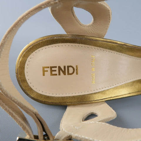 FENDI Size 9 Taupe Suede Metallic Gold Leather Peep Toe Platform Sandals FENDI