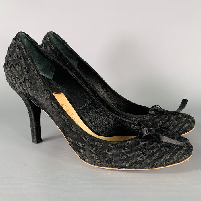 CHLOE Size 8.5 Black Suede Woven Ribbon Bow Heels Pumps