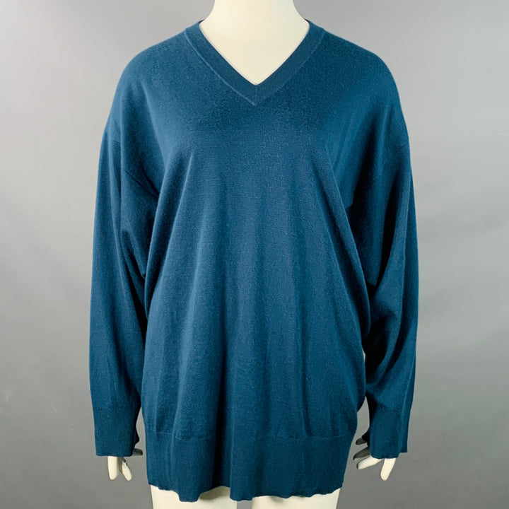 THE ROW Size L Blue Cashmere Blend Knit Oversized V-Neck Sweater