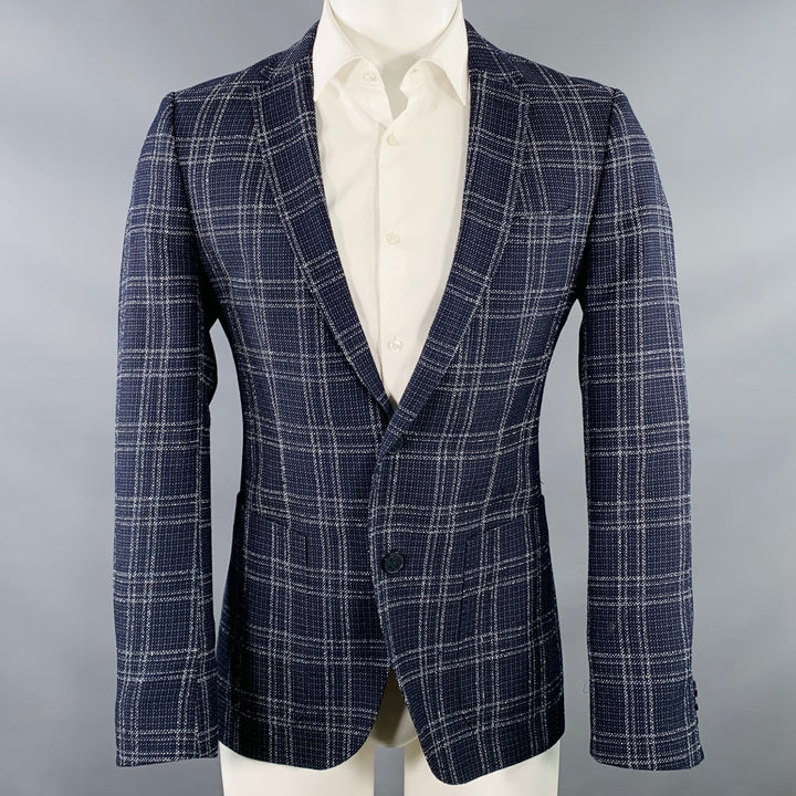 HUGO BOSS Size 40 Navy White Plaid Virgin Wool Blend Sport Coat