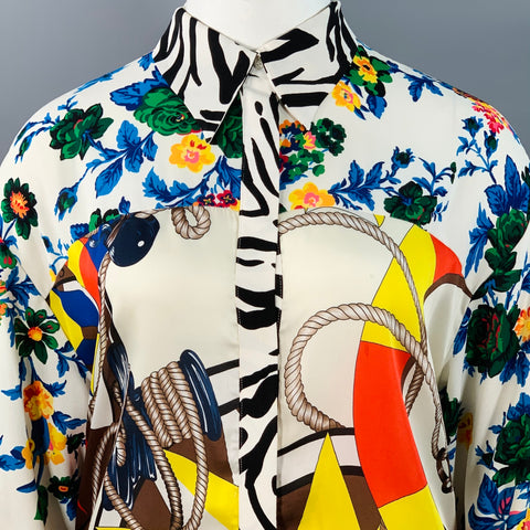 MSGM Size XL White Multi Color Polyester Viscose Floral Nautical Stripe Button Up Shirt