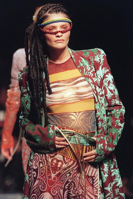 JEAN PAUL GAULTIER Vintage SS96 CYBERBABA Size 12 Burgundy Green Rayon Burnout Open Front Scarf Coat