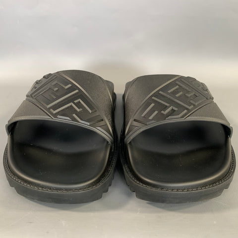 FENDI Size 12 Black Monogram Rubber Slide Sandals