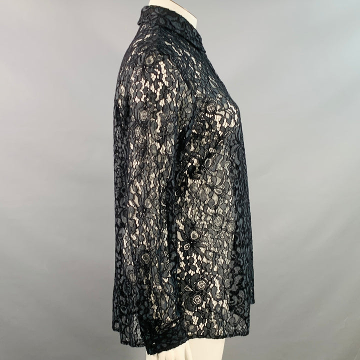 ANNE FONTAINE Size XL Selia Grey Black Polyamide Cotton Blend Lace Button Up Blouse