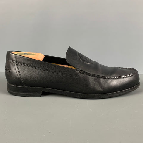 HERMES Size 9.5 H Crest Black Leather Slip On Loafers
