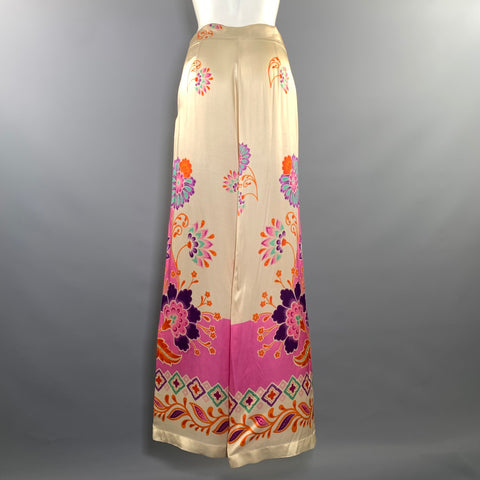 MIRTO Size L Tan Pink Silk Blend Floral Casual Pants