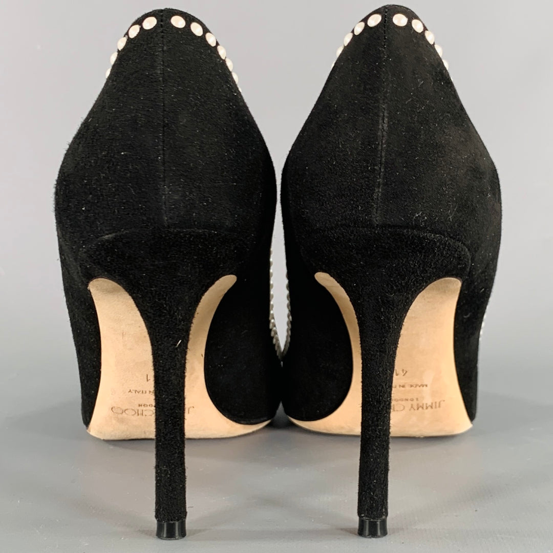 JIMMY CHOO Size 11 Black Cream Suede Faux Pearl Studded Heels Pumps