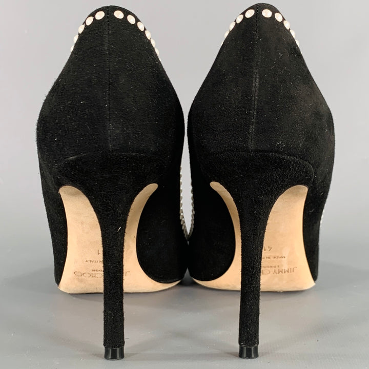 JIMMY CHOO Size 11 Black Cream Suede Faux Pearl Studded Heels Pumps