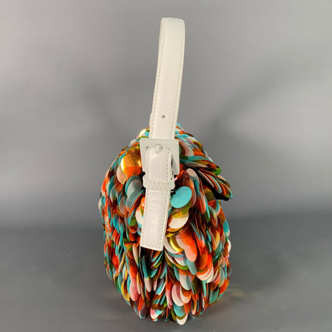 FENDI Rare Multi Color White Sequined Paillettes Leather Baguette Handbag