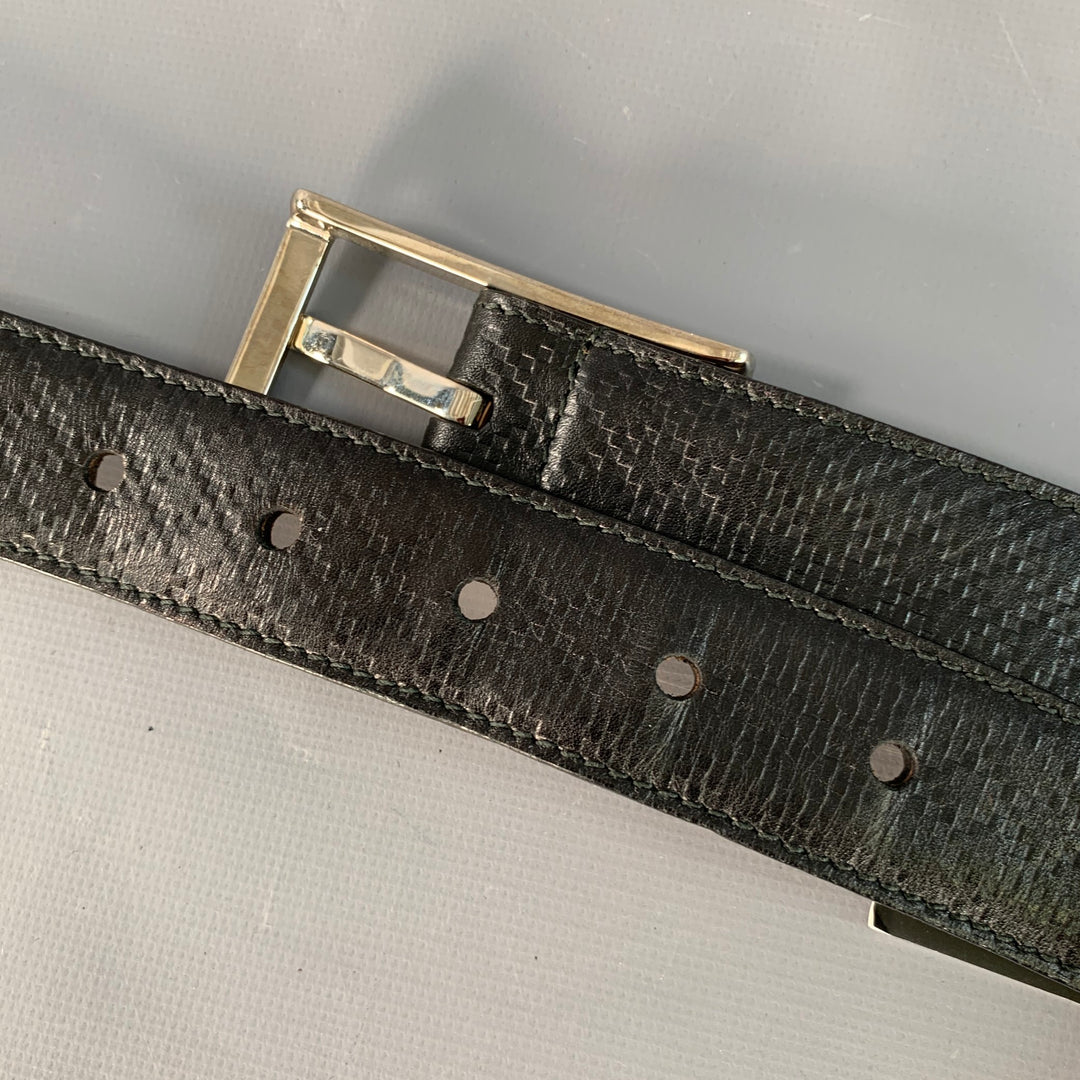 GUCCI Size 38 Black Silver Embossed Geometric Leather Belt