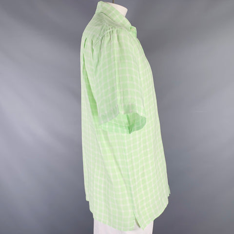 ERMENEGILDO ZEGNA Size L Green White Plaid Linen Button Up Short Sleeve Shirt