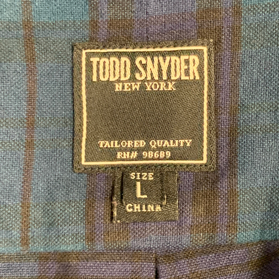 TODD SNYDER Size L Navy Teal Plaid Cotton One Pocket Long Sleeve Shirt